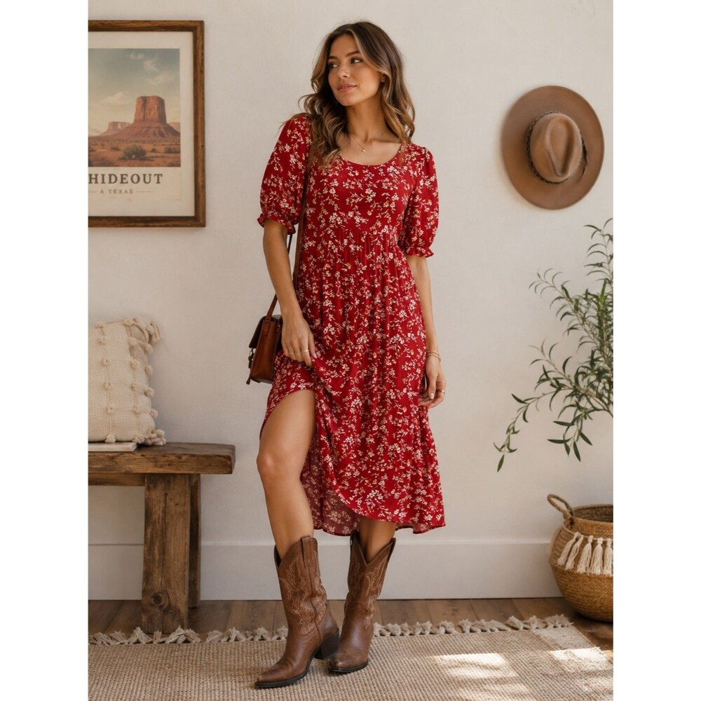 California Bay Co Red White Floral Smocked Babydoll Dress Medium Prairie Cottage